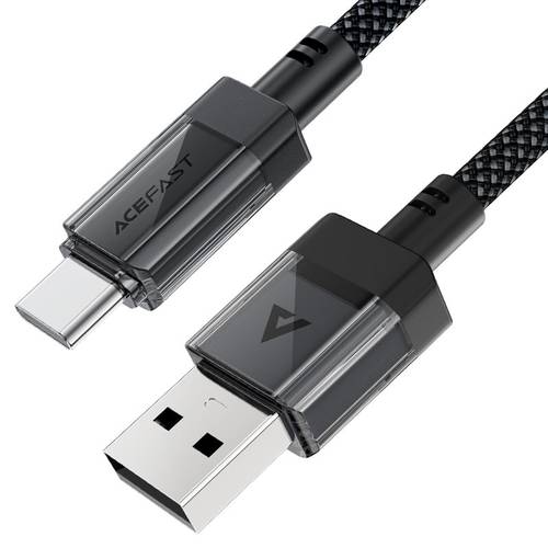 كيبل شحن ونقل بيانات تايب سي (USB-C) قماشي مضفر بتصميم شفاف وستانلس ستيل بقوة 3A موديل C12-04 من Acefast - أسود