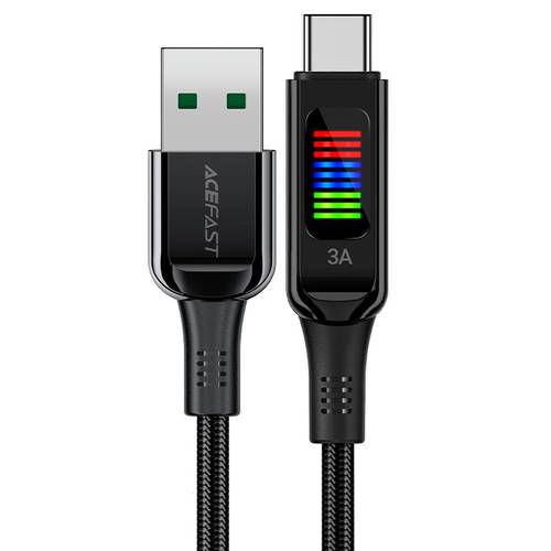 كيبل شحن قماشي USB-A إلى Type-C بقوة 60 واط مزود بشاشة عرض ذكية من سبائك الزنك Acefast C7-04 - أسود