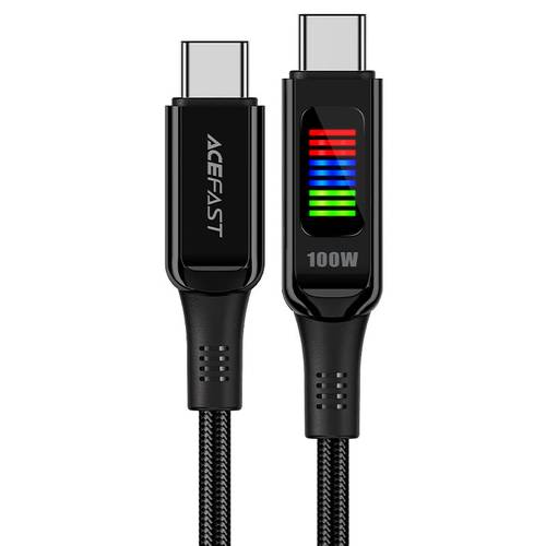 كيبل شحن قماشي Type-C إلى Type-C بقوة 100 واط مزود بشاشة عرض ذكية (LED) من سبائك الزنك Acefast C7-03 - أسود