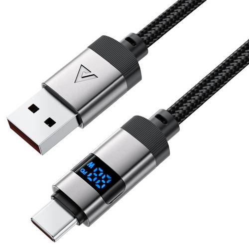كيبل شحن ونقل بيانات يو اس بي (USB-A) إلى تايب سي (USB-C) قماشي مضفر مع شاشة رقمية LED وموصلات زنك بقوة 66 واط موديل C15-04 من Acefast - أسود