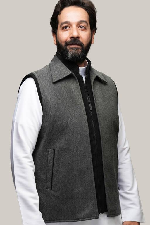 سديرية جوخ + ريب مخمل بلون رمادي W111