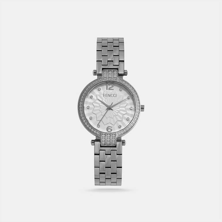 ساعة نسائية بتصميم فخم باللون الفضي مع زركون | فنشي FOS012L111111