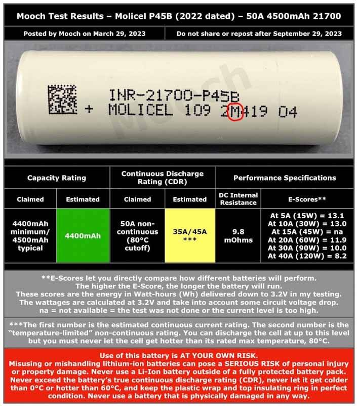 بطارية أصلية INR 21700 P45B بسعة 4500mAh وقدرة تفريغ عالية