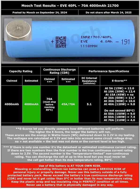 بطارية أصلية EVE 21700 40PL بسعة 4000mAh وقدرة تفريغ 70A