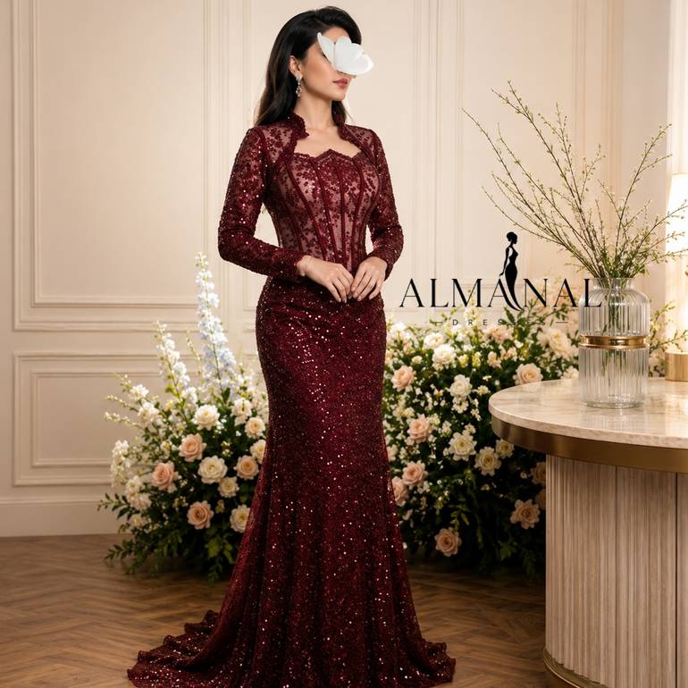 فستان سهره اكمام دانتيل فرنسي خرز تصميم كورسيه