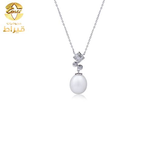 مجوهرات - ذهب - عقد ذهب ابيض مع الماس و لؤلؤ زراعي عيار 18