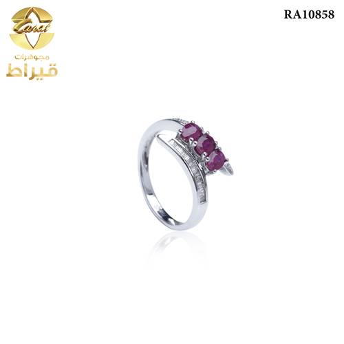 خاتم ذهب ابيض مع الماس و ياقوت عيار 18