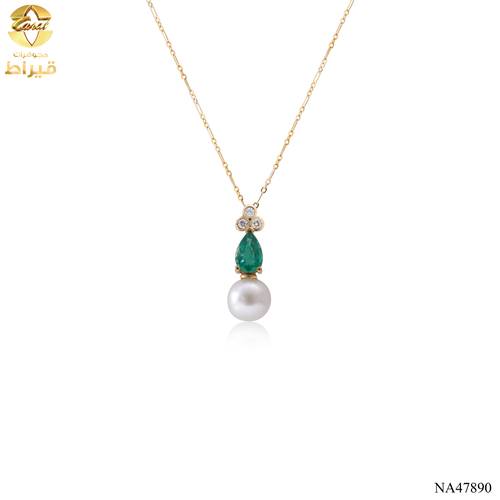 عقد ذهب مع الماس و زمرد و لولو عيار 18