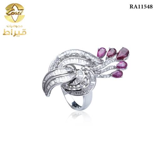 خاتم ذهب ابيض مع الماس و ياقوت عيار 18