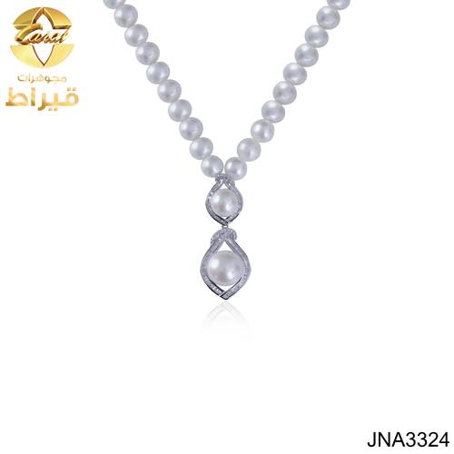 عقد لؤلؤ زراعي مع الماس و ذهب ابيض عيار 18