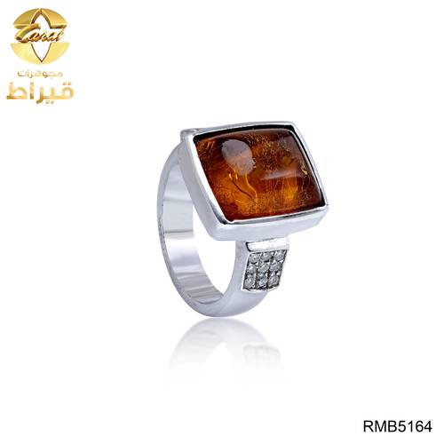 GENTS SILVER RING WITH DIAMONDS AND AMBER STONE