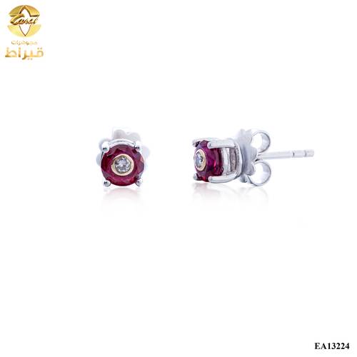 حلق ذهب ابيض مع الماس زراعي و ياقوت عيار 18