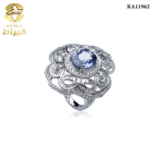 خاتم ذهب ابيض مع الماس و زفير عيار 18