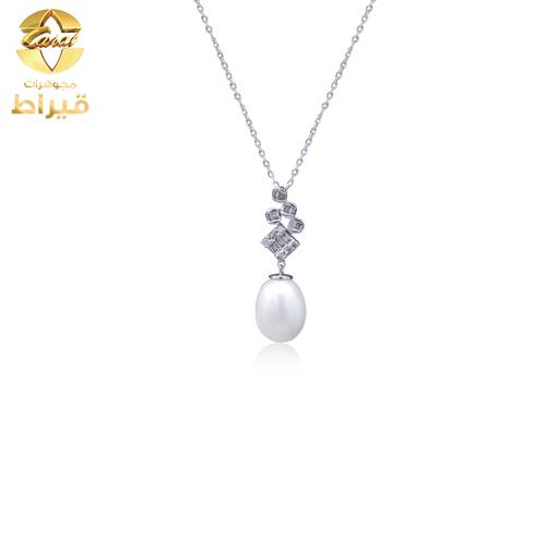 مجوهرات - ذهب - عقد ذهب ابيض مع الماس و لؤلؤ زراعي عيار 18