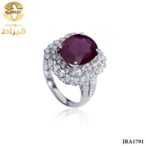 خاتم ذهب ابيض مع الماس و ياقوت عيار 18