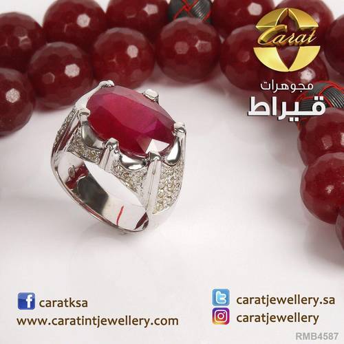 GENTS SILVER RING WITH DIAMONDS AND GLASS FILLED RUBY STONE