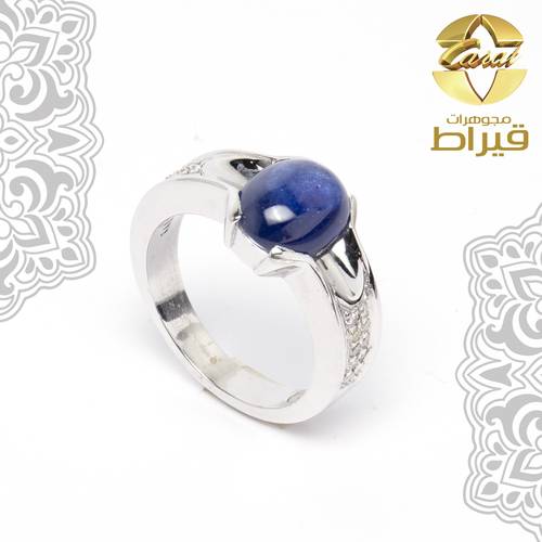 MEN'S RHODIUM PLATED SILVER 925 RING WITH DIAMOND & SAPPHIRE STONE