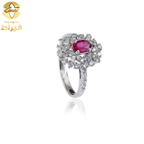 خاتم ذهب ابيض مع الماس و ياقوت عيار 18