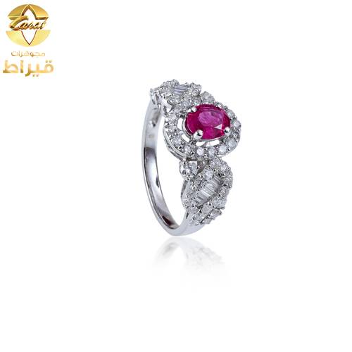 خاتم ذهب ابيض مع الماس و ياقوت عيار 18