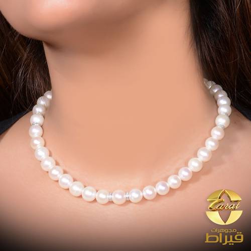 عقد لؤلؤ زراعي مع الماس و ذهب ابيض عيار 18