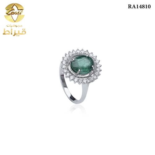 خاتم ذهب ابيض مع الماس مع زمرد عيار 18