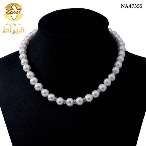 عقد لؤلؤ زراعي مع الماس و ذهب ابيض عيار 18
