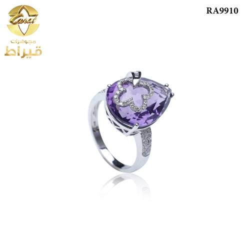 خاتم ذهب ابيض مع الماس و جمشت عيار 18