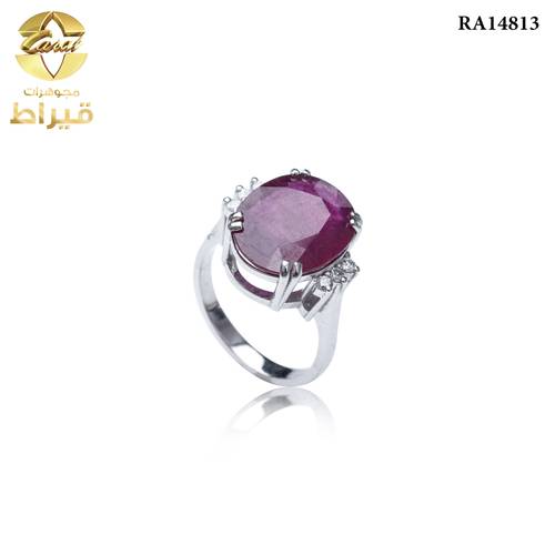 خاتم ذهب ابيض مع الماس و ياقوت عيار 18