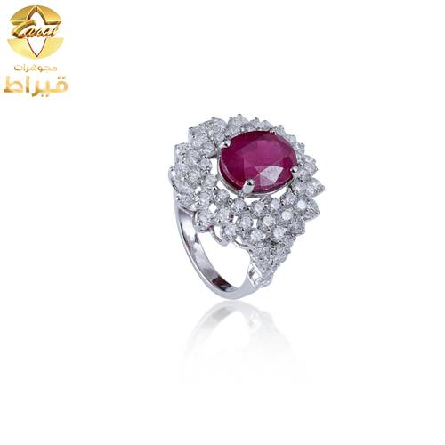 خاتم ذهب ابيض مع الماس و ياقوت عيار 18