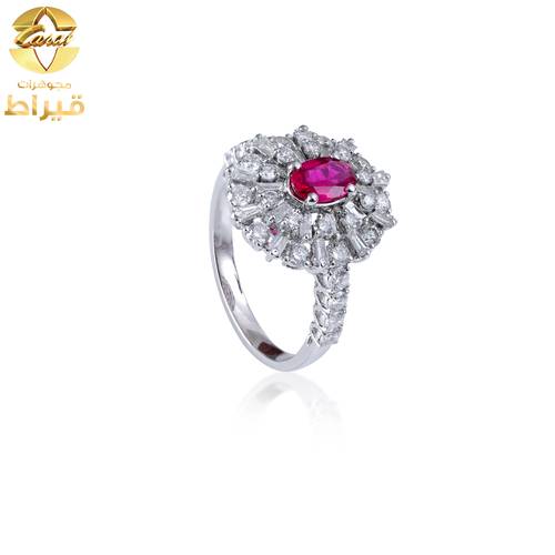 خاتم ذهب ابيض مع الماس و ياقوت عيار 18