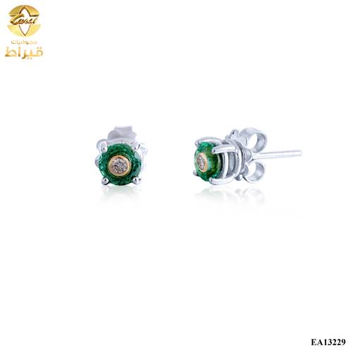 WOMEN'S 18K WHITE GOLD EARRING WITH LAB GROWN DIAMOND AND EMERALD
