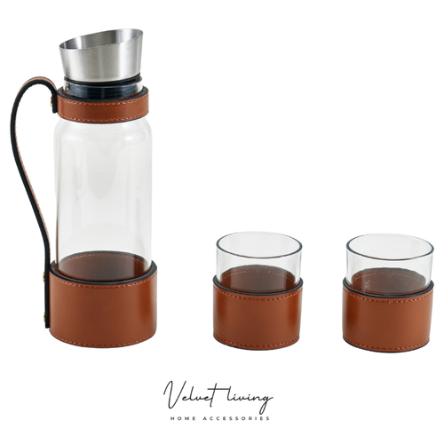   Glass Jug with Leather Wrapping and Two Cups