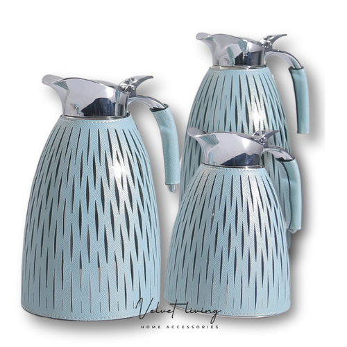 Stainless Steel Thermos with Sky Blue Leather Cover (3 Sizes)