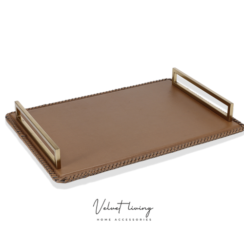 Luxury Brown Leather Tray with Gold Handles