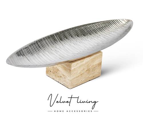 Stainless steel serving plate with travertine base (two sizes)