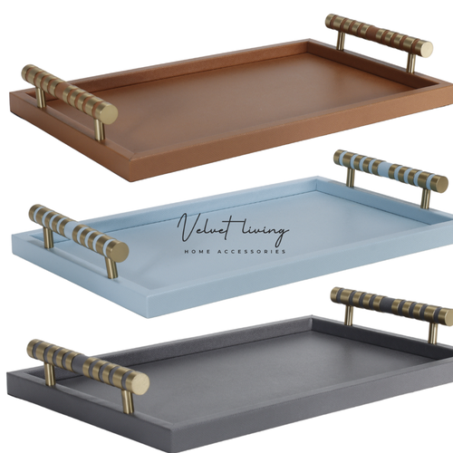 RECTANGULAR LEATHER TRAY WITH GOLDEN HANDLE