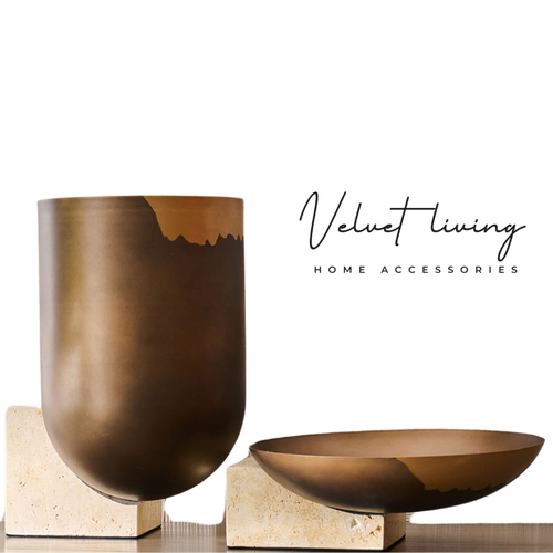 Luxury Bronze Serving Plate and Vase Set with Travertine