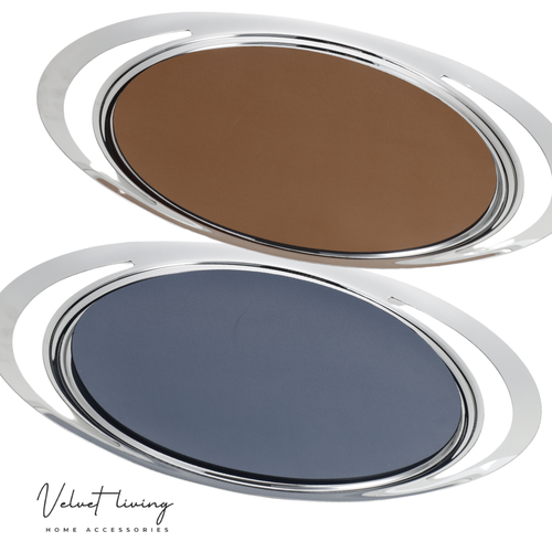  Oval Stainless steel tray with leather base (3 colors)