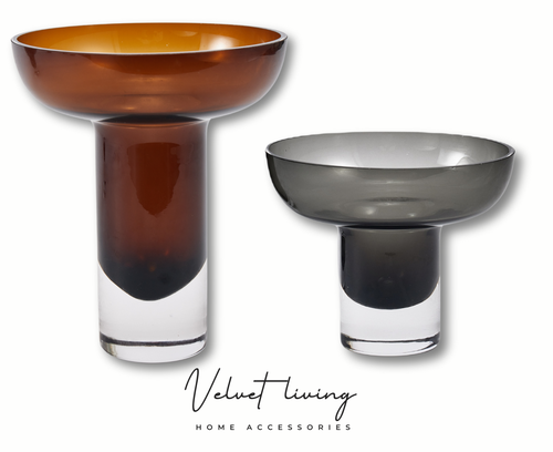Modern Brown Glass Serving Bowls with Clear Stem – Set of Two Sizes