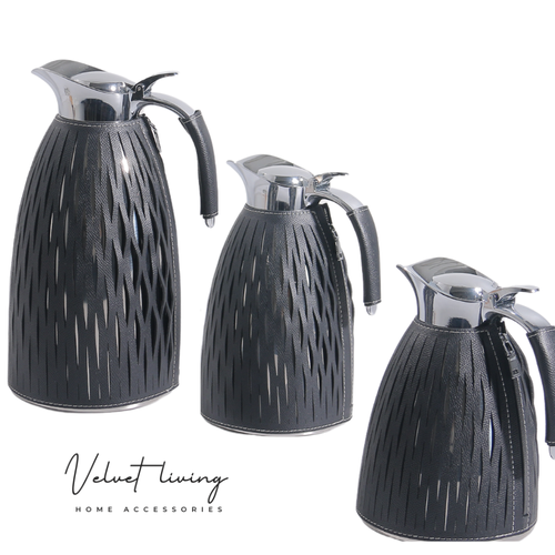 Stainless Steel Thermos with Sky Black Leather Cover (3 Sizes)