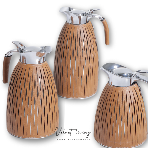Stainless Steel Thermos with Brown Leather Cover (3 Sizes)
