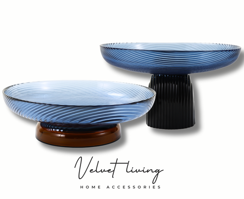 Luxury Blue Glass Ribbed Serving Bowls with Colored Base – Set of Two Sizes