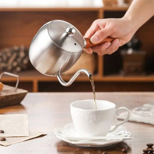 ابريق ترشيح للقهوة لون ستيل 500 مل سهل التنقل بمقبض خشبي