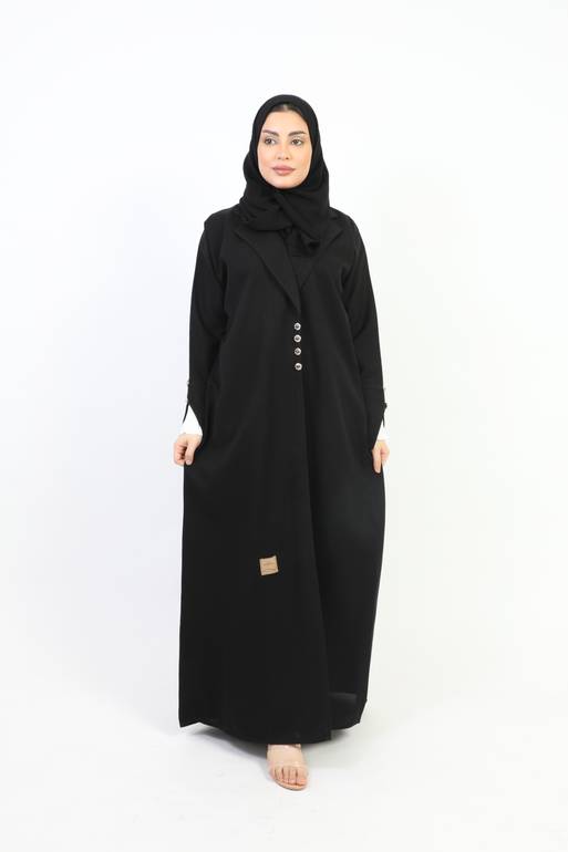 عباية كلاسيك لف مزينة ببليسيه أبيض على الكم 