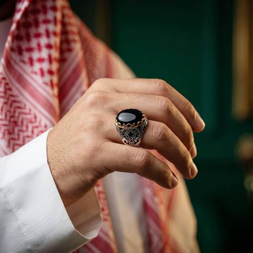 خاتم فضة رجالي عقيق يماني - هيبة الليل - عيار 925