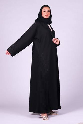 عبايه كتان تطريز اسود مع كسرات
