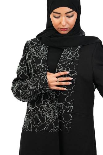 عباية بليزر مبطن قماش لنين مع تطريز جيوب