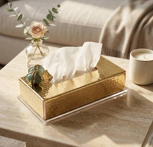 Gold plated tissue box long with Green precious stone 