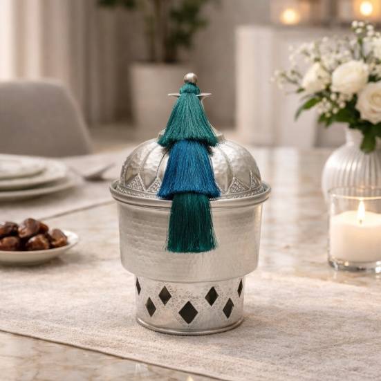 سخان طعام مطرز يدوي مزين بمسكه تاسل اخضر