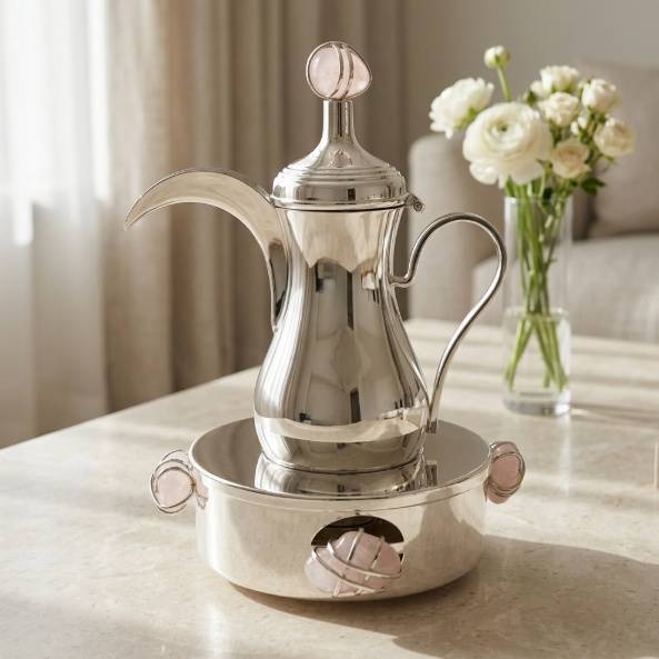Silver plated Dallah with heater and pink precious stones